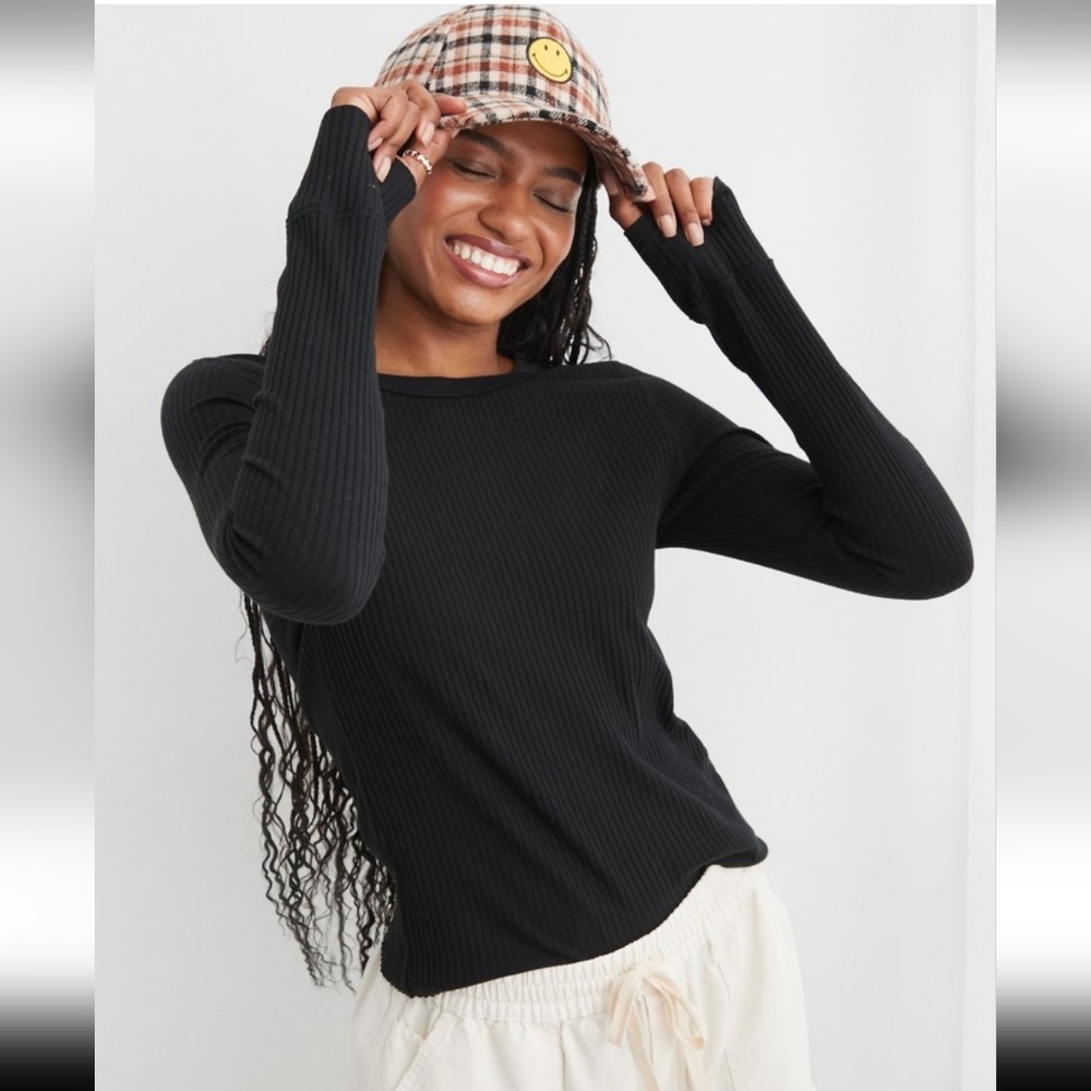 Aerie Black Ribbed Long Sleeve Top